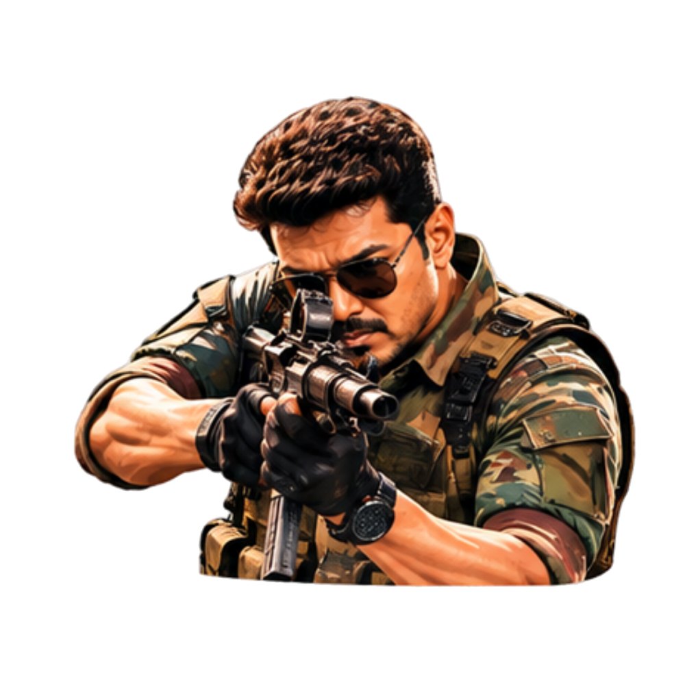 Vijay Camo Aim sticker: Vijay in camouflage and sunglasses aiming a rifle