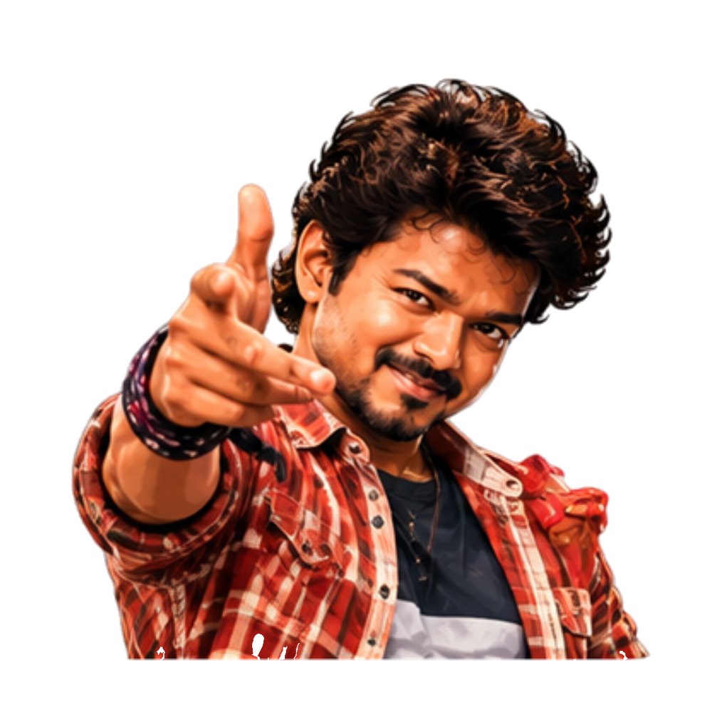 Vijay Finger Guns sticker: Vijay in a red checked shirt smiling and pointing with both hands