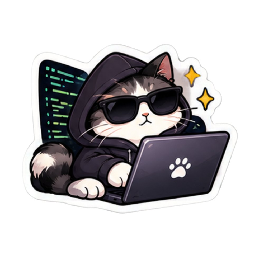 Hoodie Cat Coder sticker: A cat in a black hoodie and sunglasses typing on a laptop