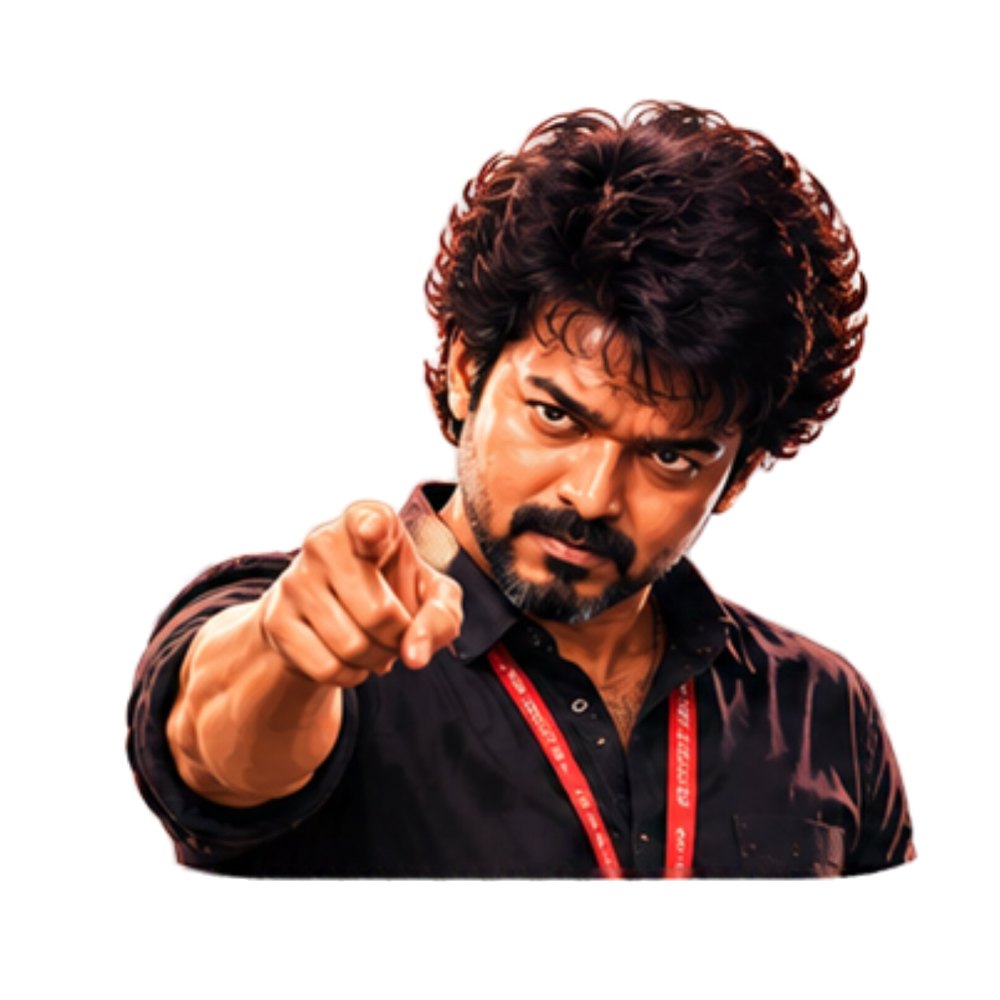 Vijay Point Forward sticker: Vijay in a black shirt and red lanyard pointing forward