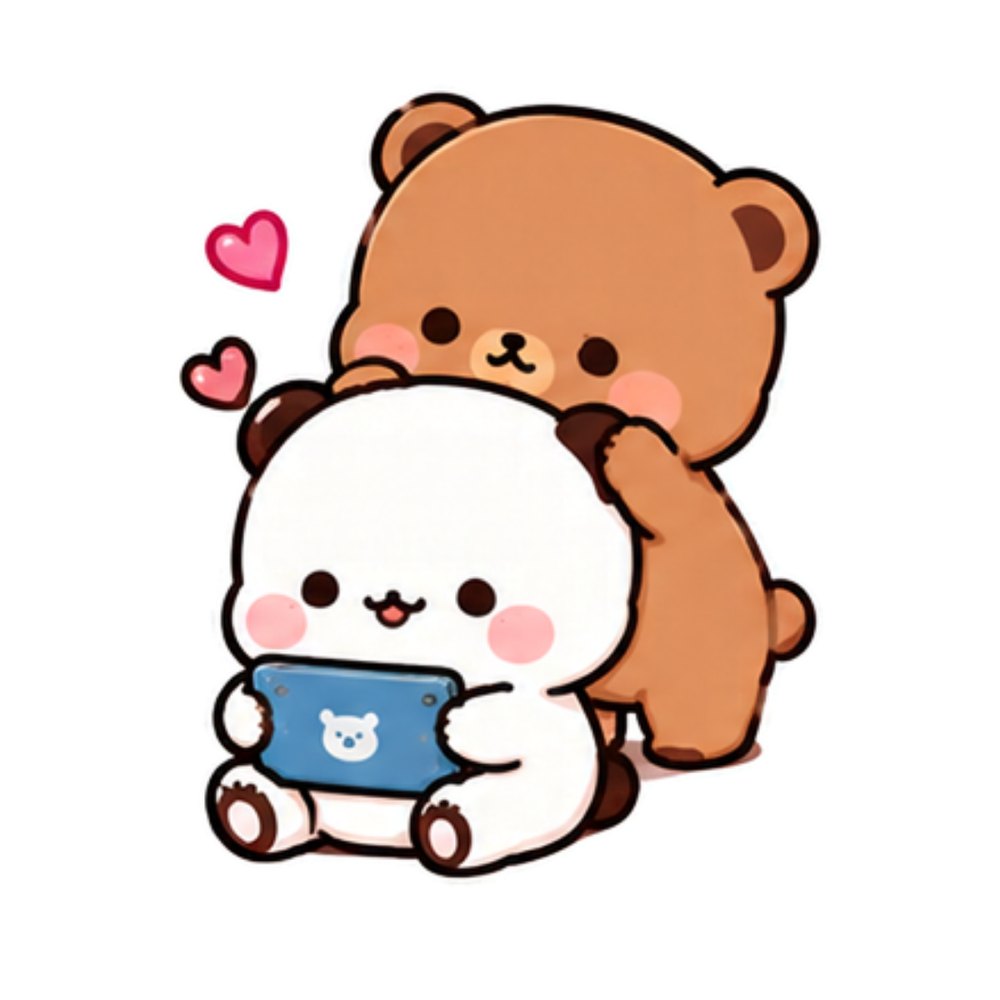 Gaming Hug Bears sticker: A white panda playing on a tablet in a brown bear's arms