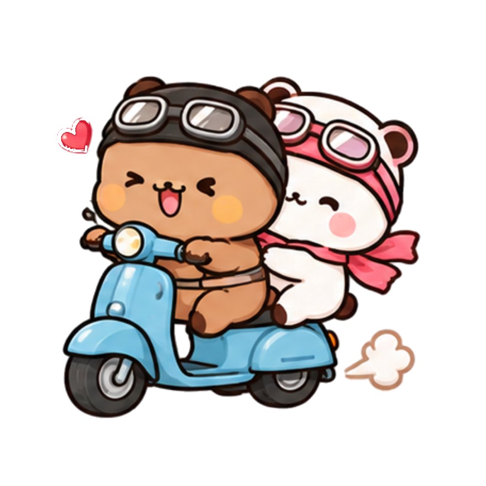 Scooter Ride Bears sticker: A brown bear and a white panda in goggles riding a blue scooter