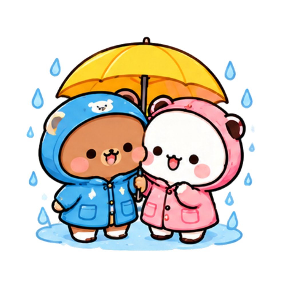 Raincoat Bears sticker: A brown bear in blue and a white panda in pink raincoats under a yellow umbrella