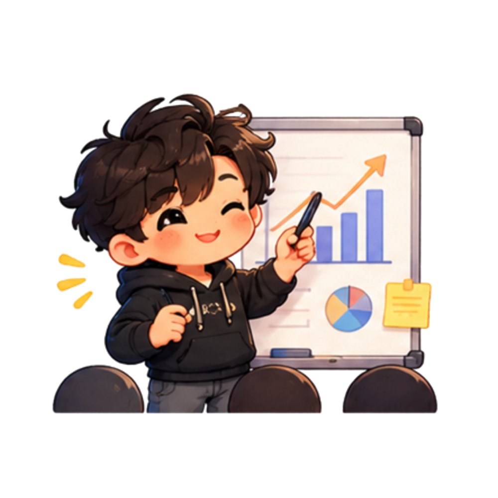Growth Chart Pitch sticker: A young founder pointing at a rising growth chart