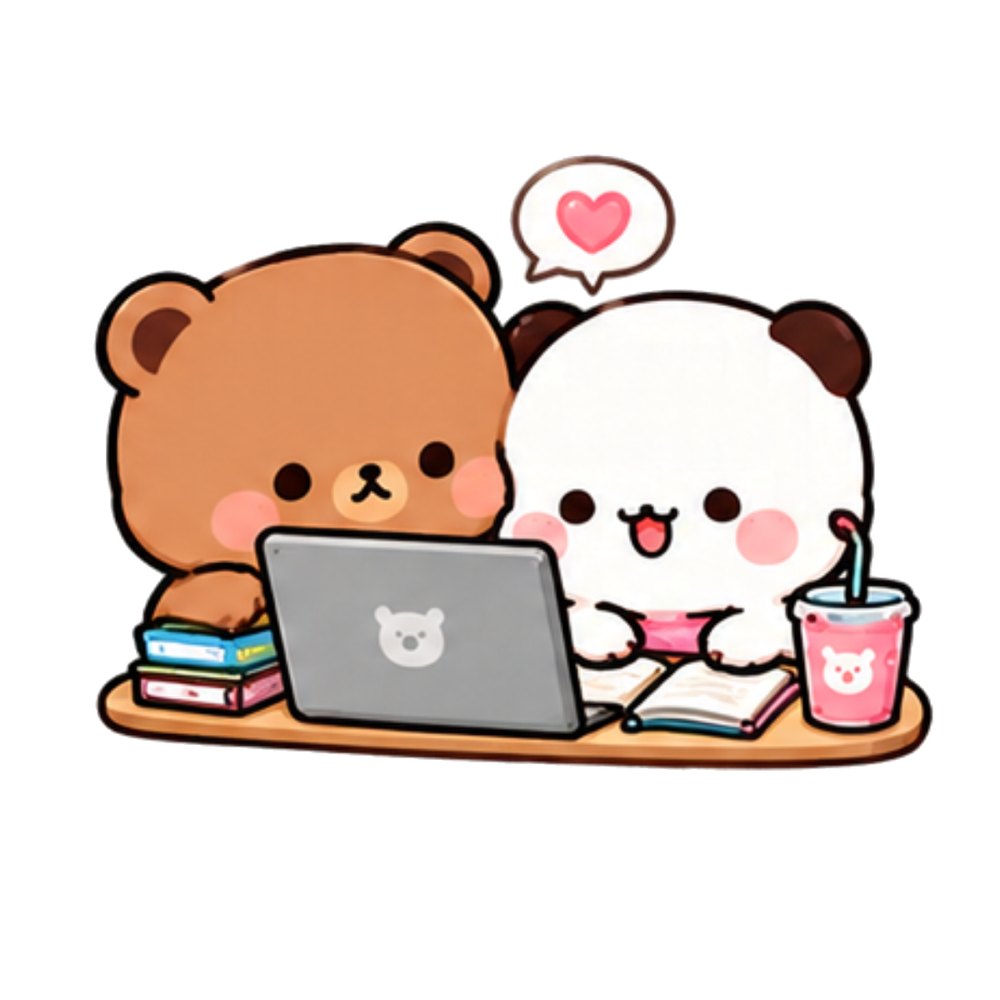 Study Date Bears sticker: A brown bear and a white panda studying at a desk with a laptop and a drink