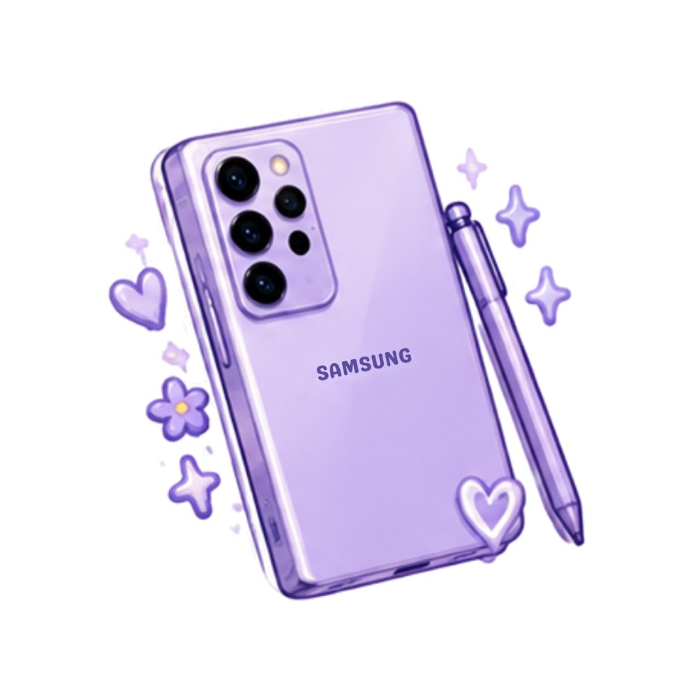Lavender Samsung Phone sticker: A lavender Samsung phone with a stylus, hearts and flowers