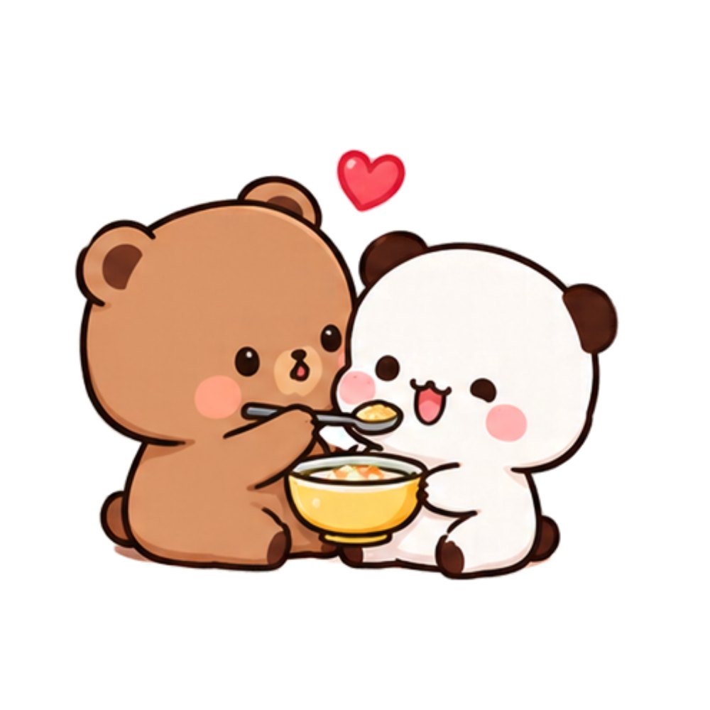 Spoon Feeding Bears sticker: A brown bear feeding a white panda with a spoon from a bowl