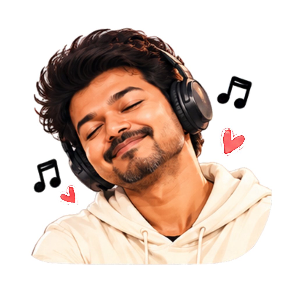 Vijay Music Vibes sticker: Vijay in a cream hoodie and headphones enjoying music
