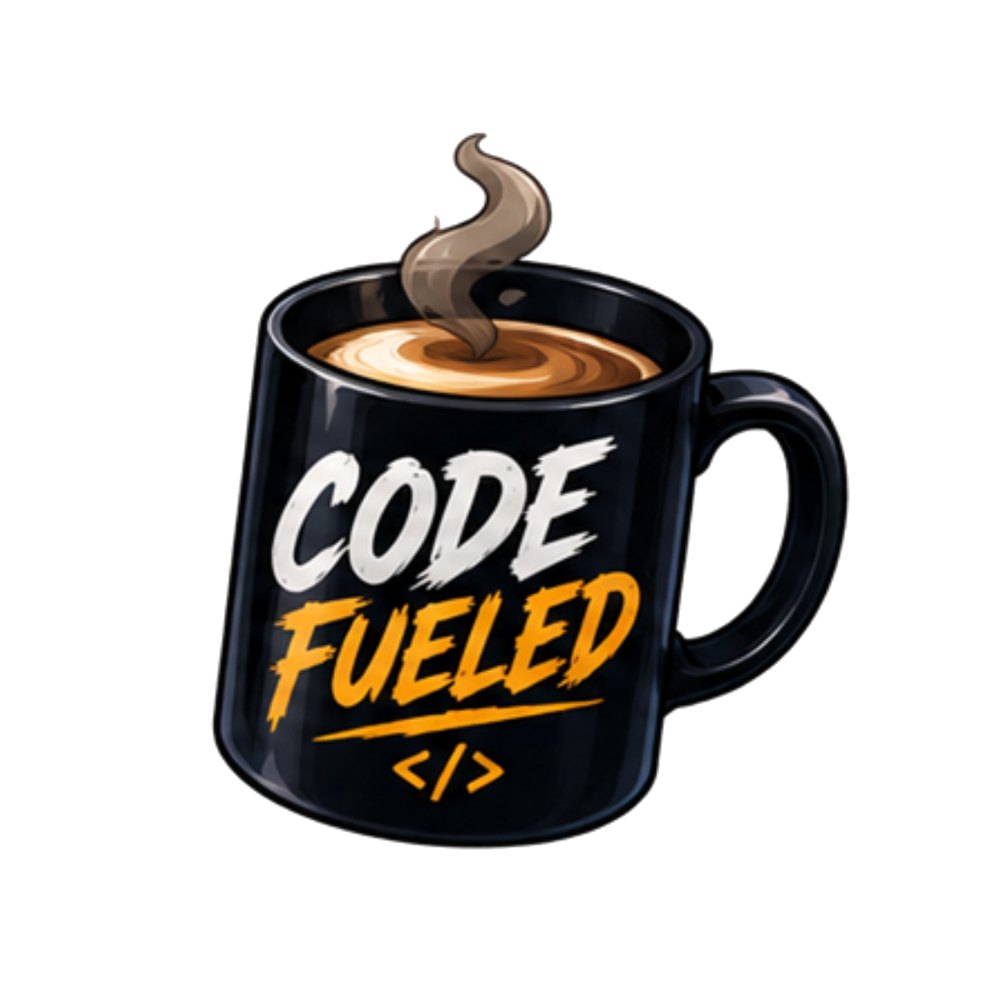 Code Fueled Mug sticker: A black coffee mug reading "Code Fueled"