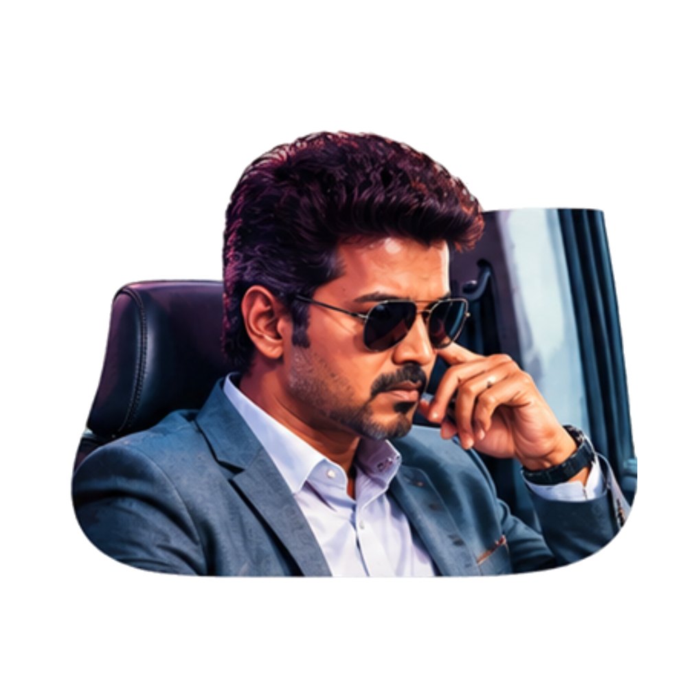 Vijay Car Call sticker: Vijay in a blue suit and sunglasses on a phone call in a car