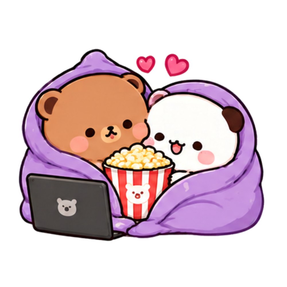 Popcorn Movie Bears sticker: A brown bear and a white panda in a purple blanket with popcorn and a laptop