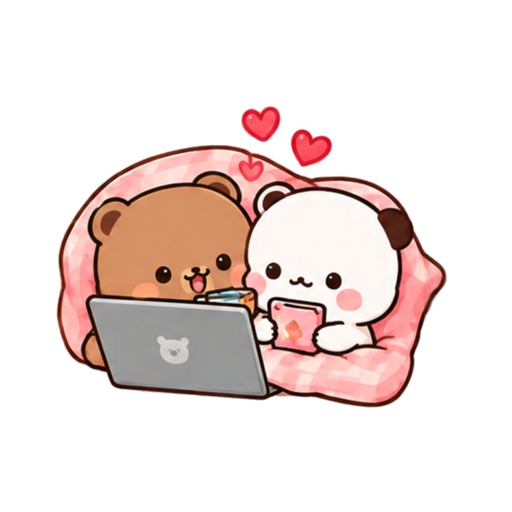 Blanket Movie Night Bears sticker: A brown bear and a white panda wrapped in a pink blanket with a laptop and phone