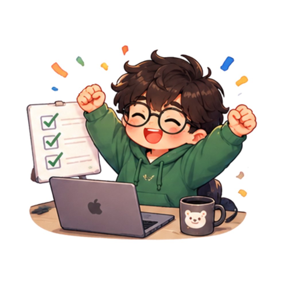 Goals Achieved sticker: A young founder cheering in front of a ticked checklist