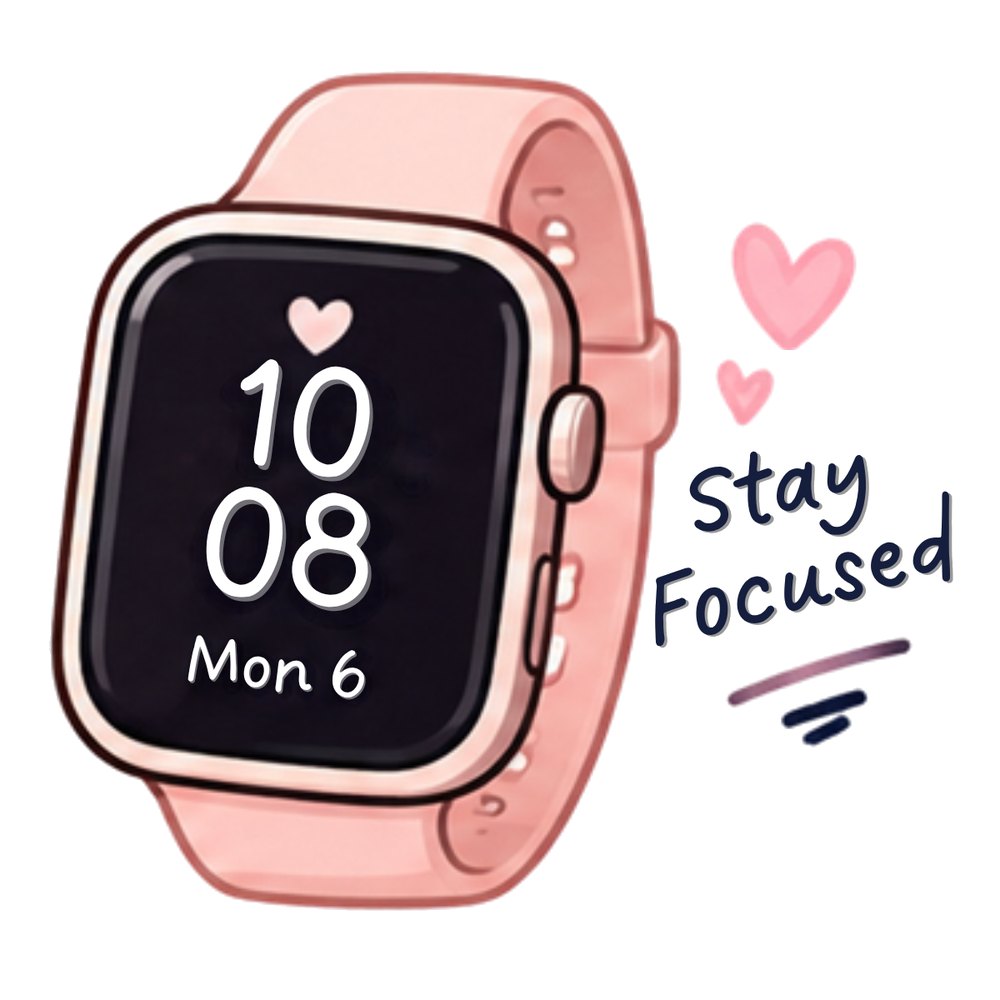 Stay Focused Watch sticker: A pink smartwatch showing 10:08 with "Stay Focused"