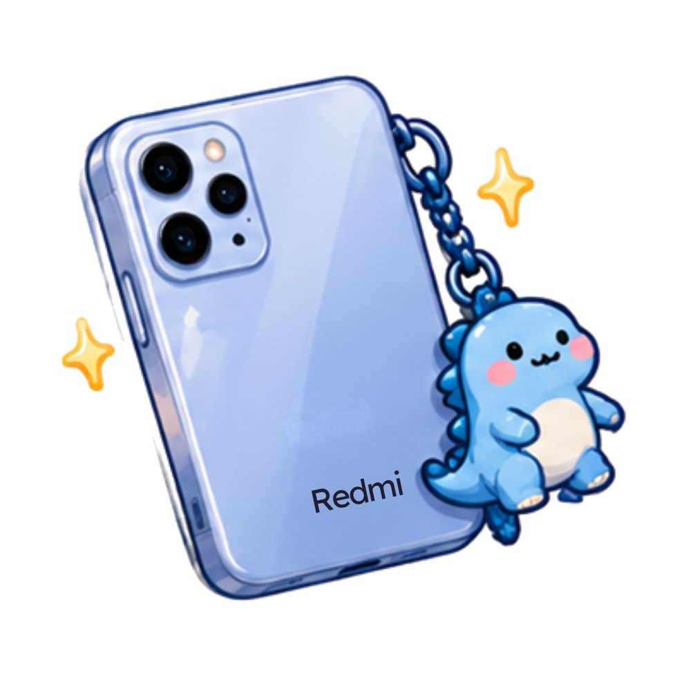 Redmi Dino Charm Phone sticker: A blue Redmi phone with a little blue dinosaur charm