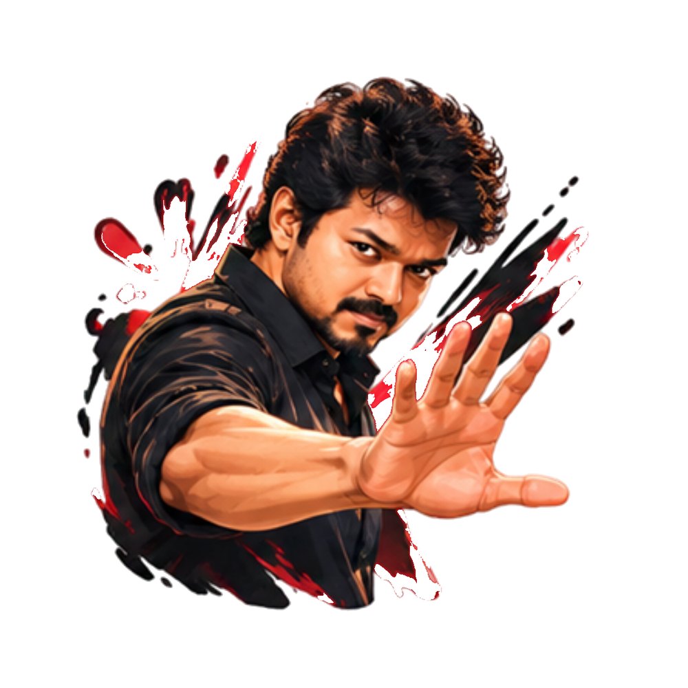 Vijay Stop Hand sticker: Vijay holding out his hand in front of a red and black paint splash