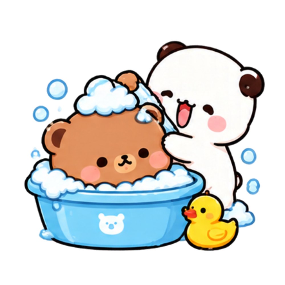 Bubble Bath Bears sticker: A white panda washing a brown bear in a bubble bath with a rubber duck