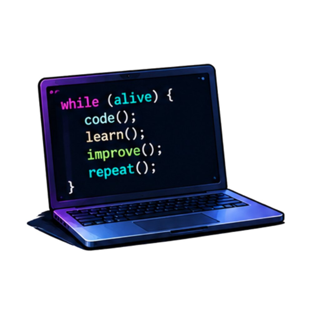 While Alive Laptop sticker: A laptop showing a while (alive) code, learn, improve, repeat loop