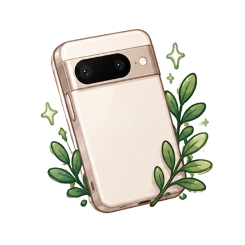 Cream Pixel Phone sticker: A cream phone with a camera bar framed by green leaves