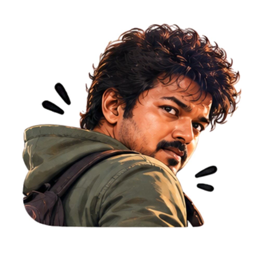 Vijay Over the Shoulder sticker: Vijay in a green jacket looking back over his shoulder