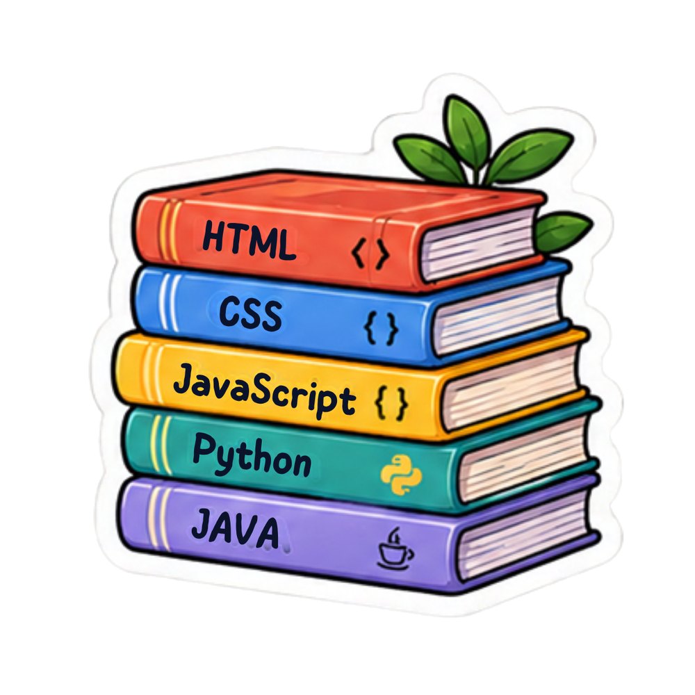 Coding Book Stack sticker: A stack of HTML, CSS, JavaScript, Python and Java books with a plant